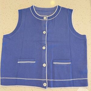Yousify Women’s Sleeveless Blue Knit Button-Front Vest with White Trim size M